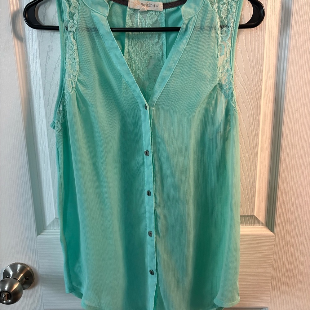 Rewind Aqua Lace-Back Button Front Sleeveless Camisole